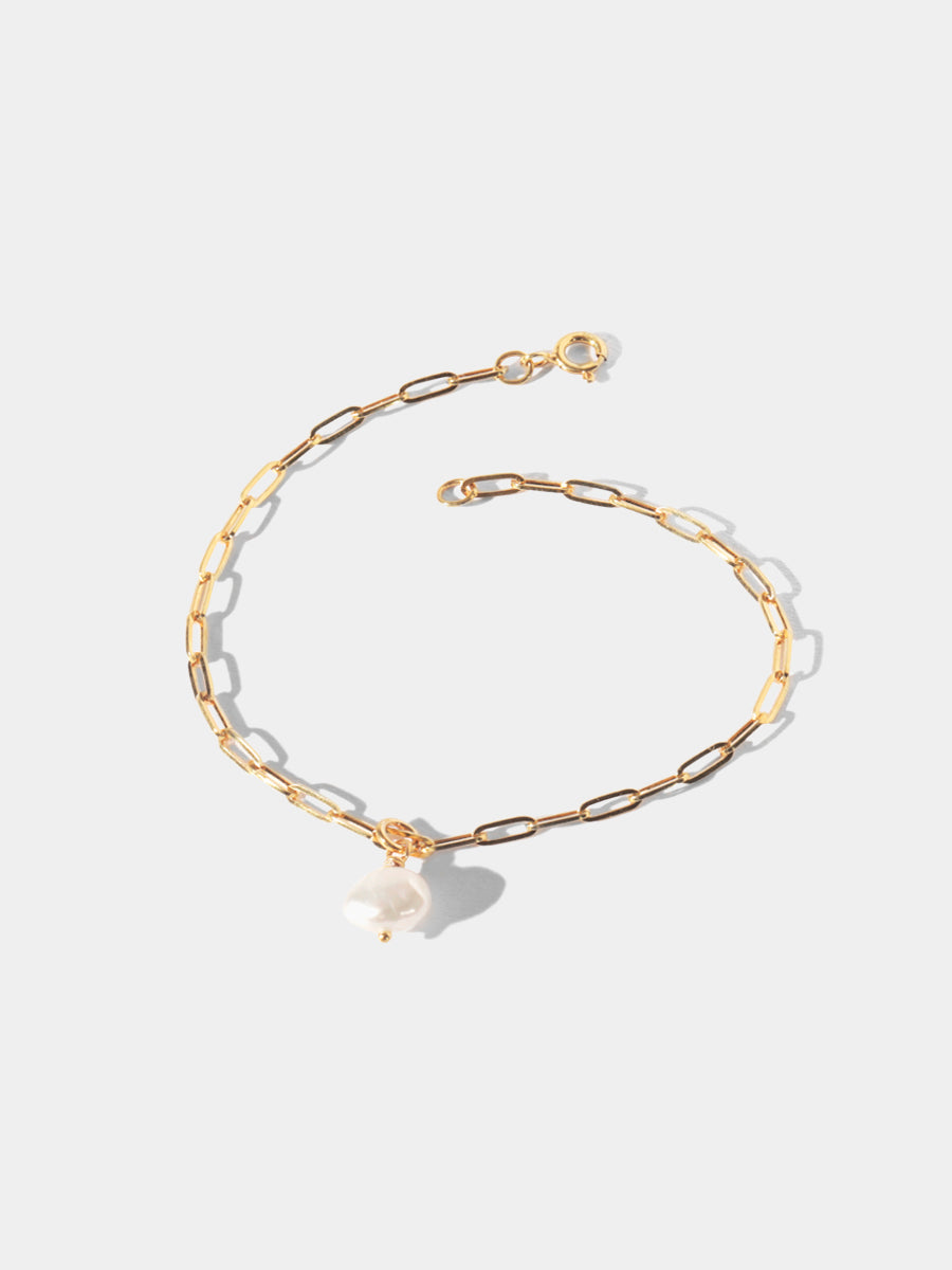 18k Gold Vermeil Paperclip Link Chain Bracelet with Baroque Pearl Pendant