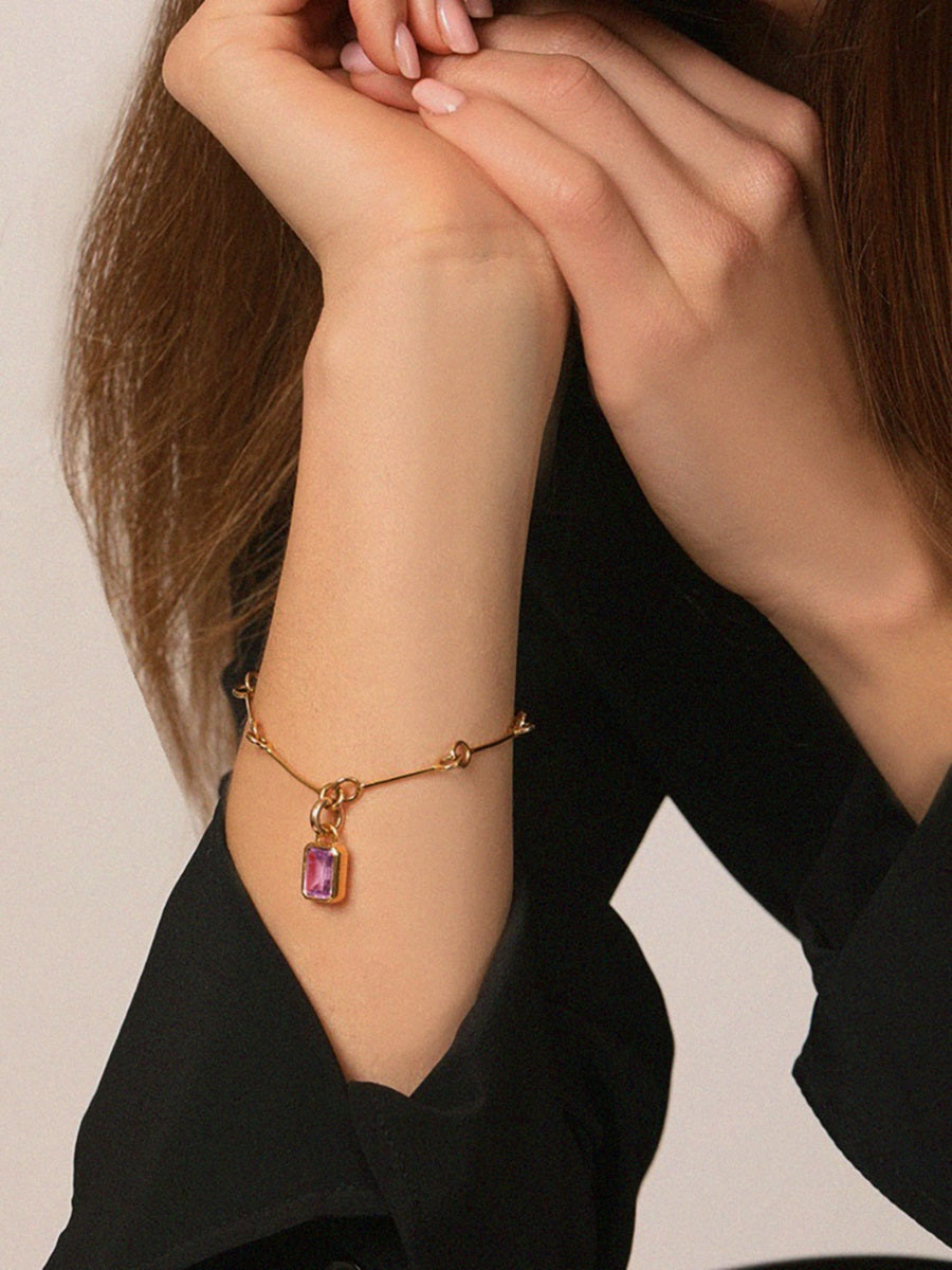 Gold and Brazilian Amethyst Gemstone Baguette Pendant Charm