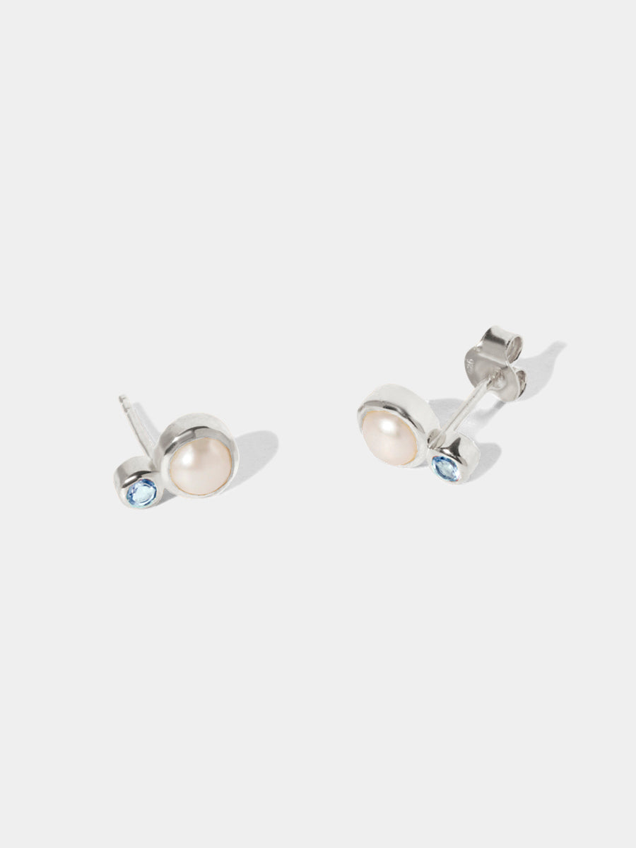 Sterling Silver Sequence Pearl & Blue Topaz Gemstone Stud Earrings