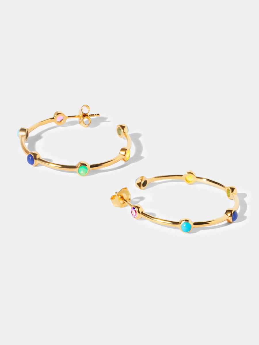18k Gold Vermeil Multicolour Gemstone Studded Hoop Earrings - Large