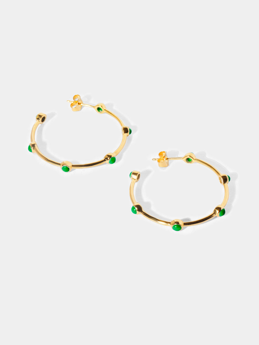 18k Gold Vermeil Green Onyx Gemstone Studded Hoop Earrings - Large