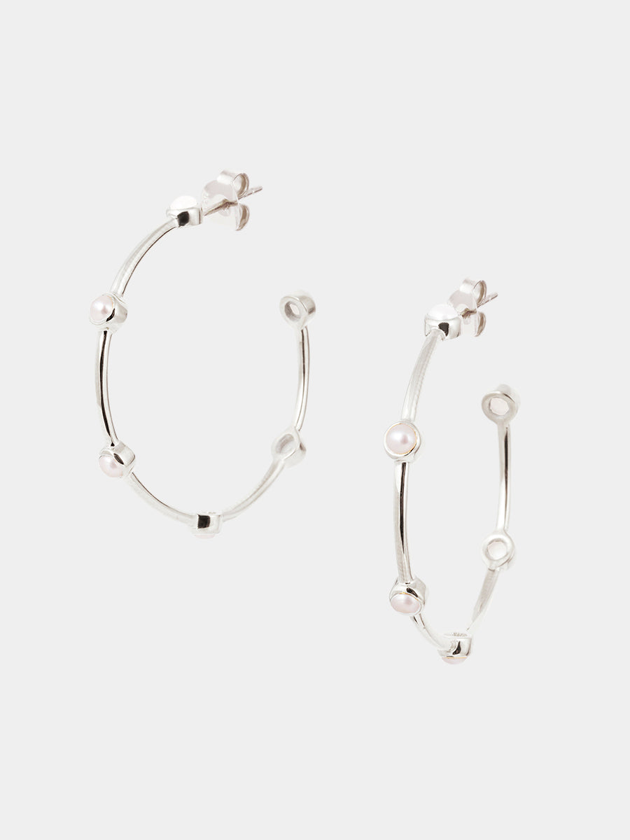 Sterling Silver Pearl Studded Hoop Earrings - Large