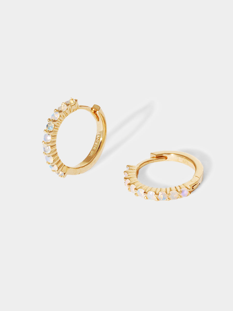 October 9K Gold Birthstone Gemstone Huggie Hoop Earrings Opal
