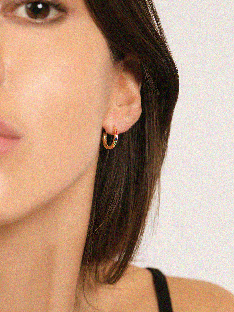 18k Gold Vermeil Rainbow Pave Quartz Gemstone Huggie Hoop Earrings