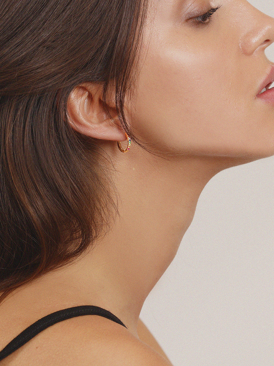 18k Gold Vermeil Rainbow Pave Quartz Gemstone Huggie Hoop Earrings