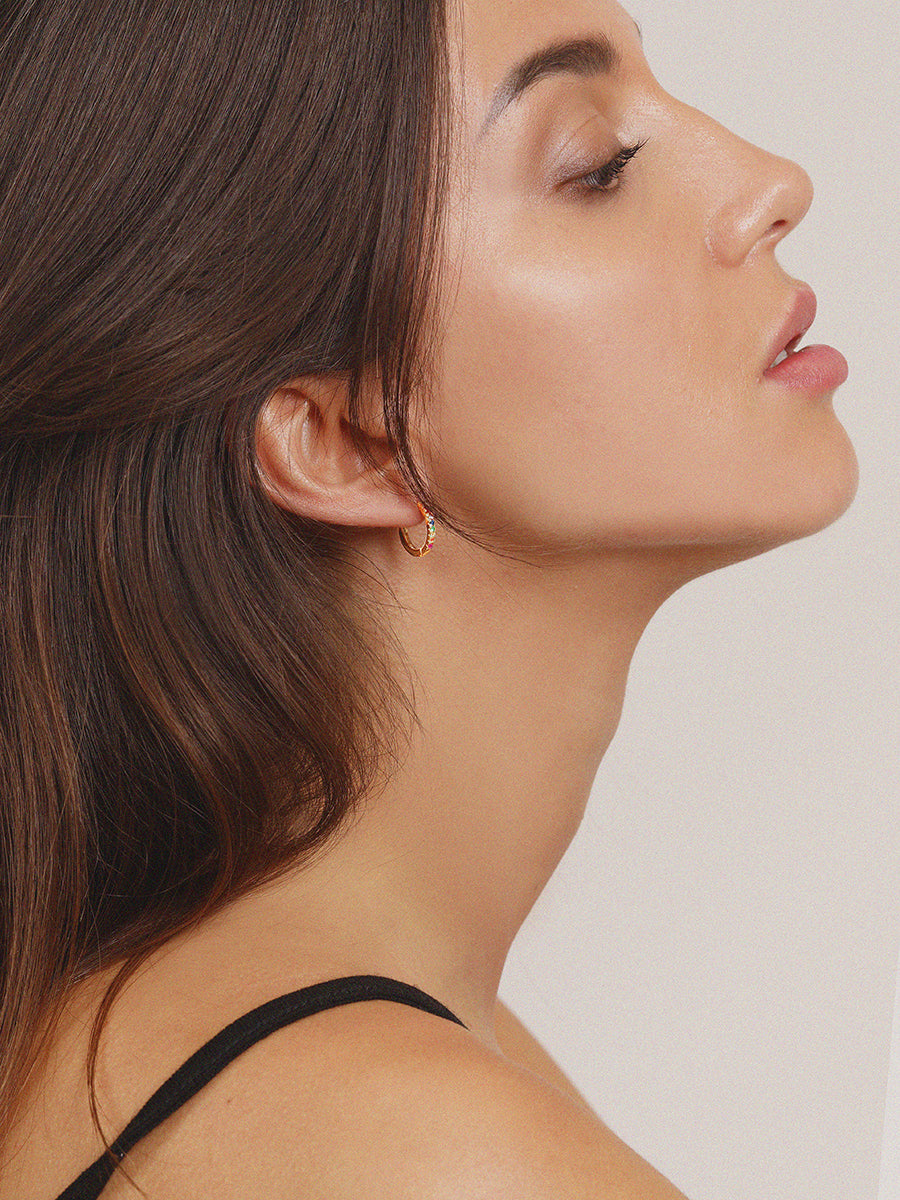 18k Gold Vermeil Rainbow Pave Quartz Gemstone Huggie Hoop Earrings