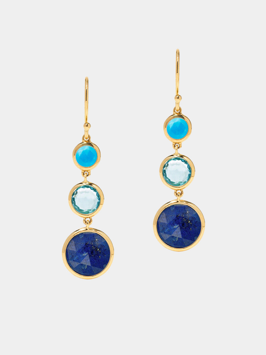 18k Gold Vermeil Turquoise, Blue Topaz & Lapis Lazuli Gemstone Three Drop Earrings
