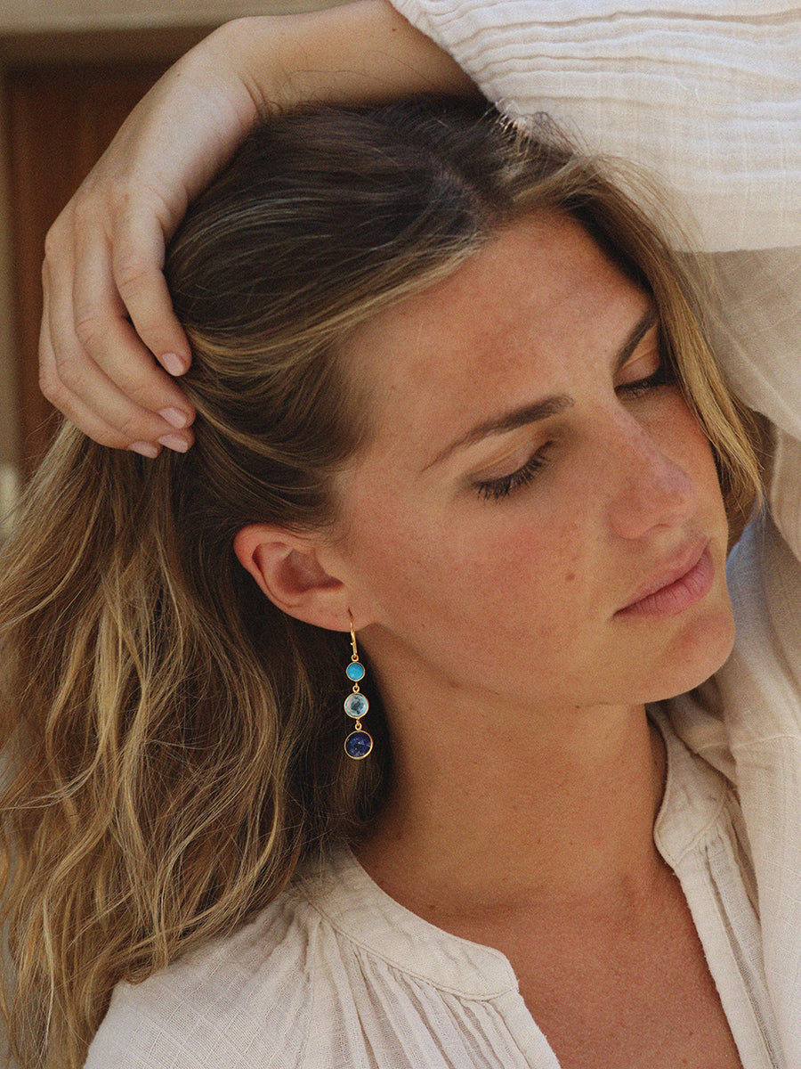 18k Gold Vermeil Turquoise, Blue Topaz & Lapis Lazuli Gemstone Three Drop Earrings