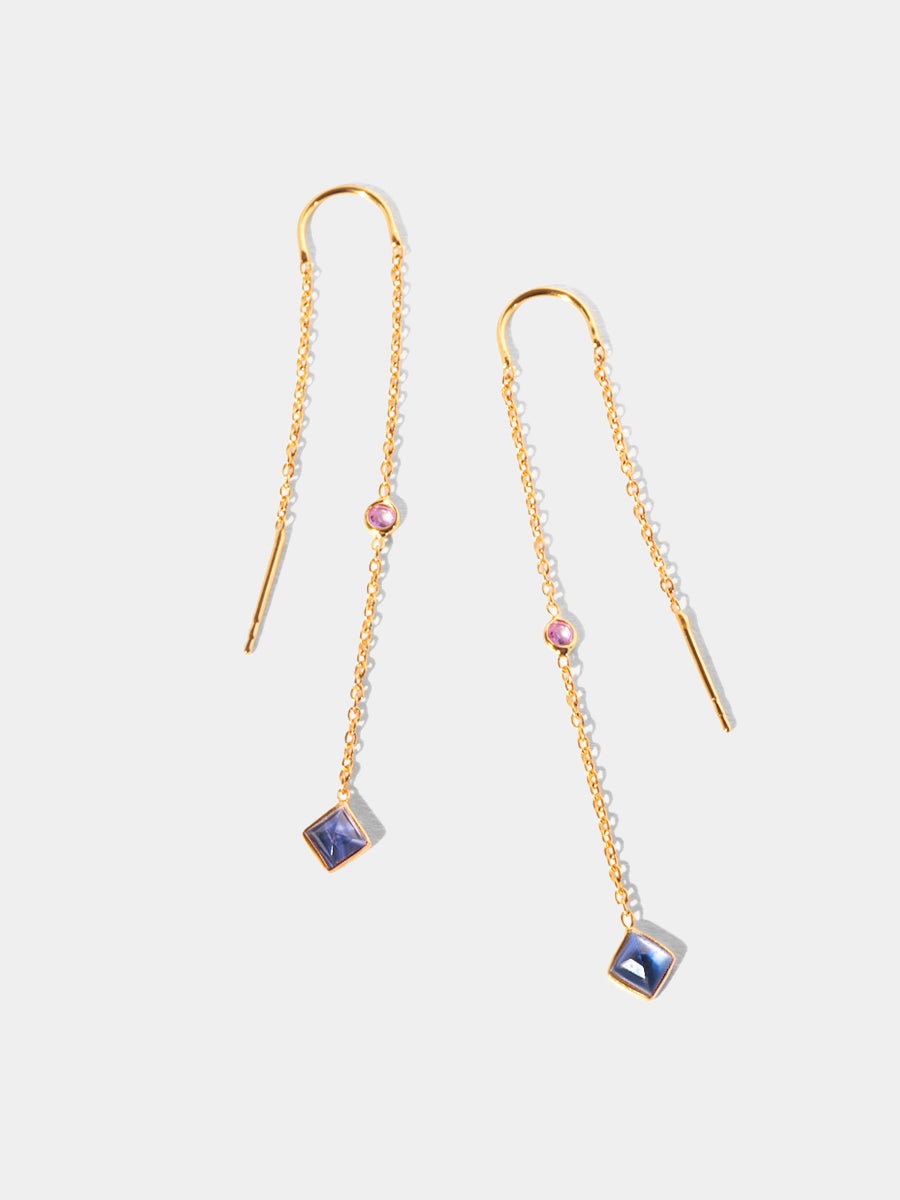 18k Gold Vermeil Stargazer Iolite & Tourmaline Gemstone Threader Earrings