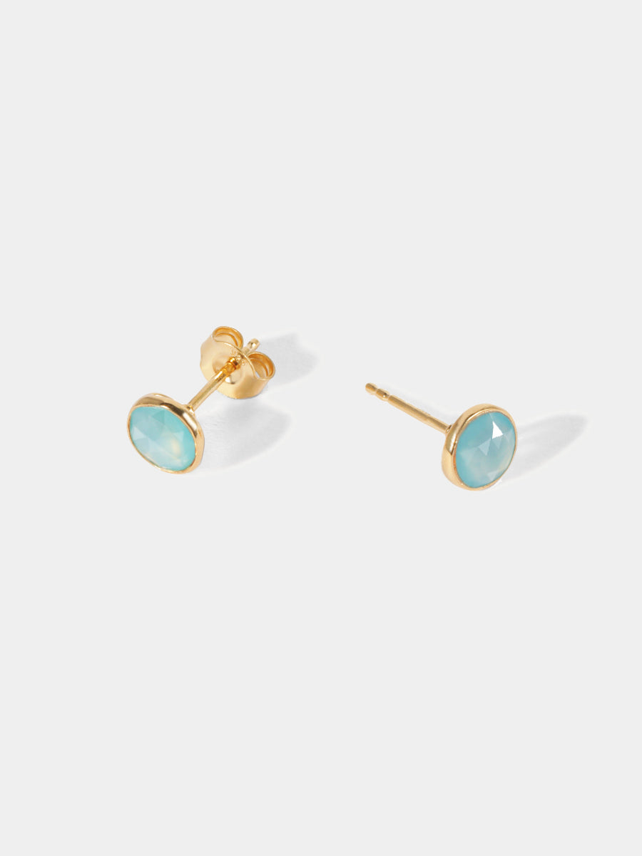 18k Gold Vermeil Gemstone Bezel Set Stud Earrings Light Blue Chalcedony