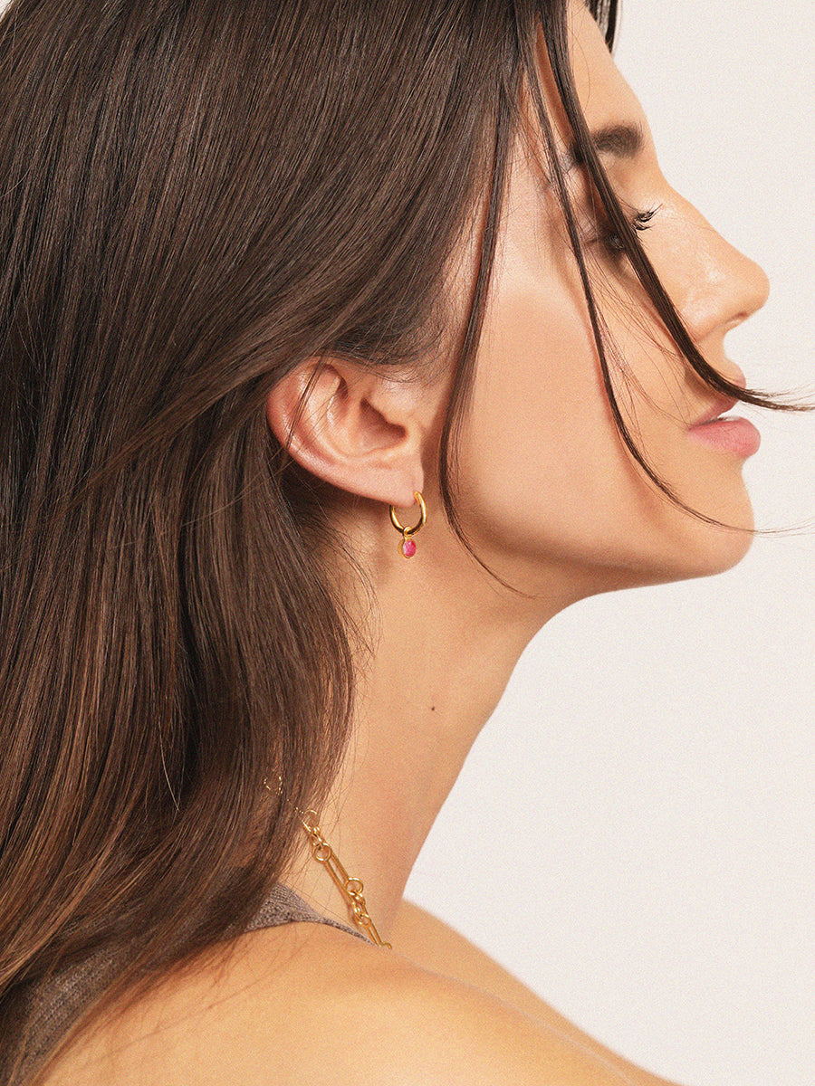 Gold Birthstone Huggies July - Ruby Quartz