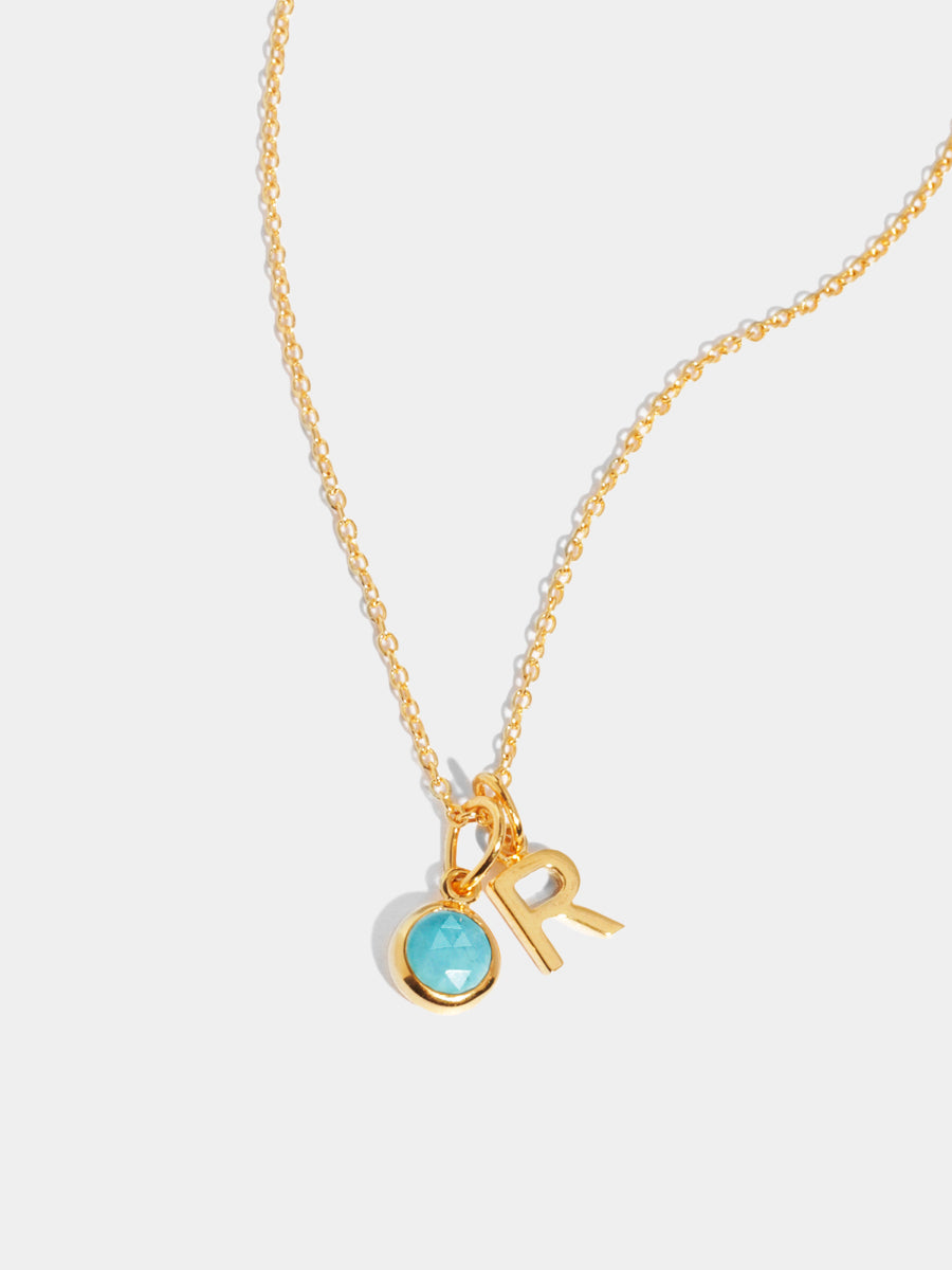 December 18k Gold Vermeil Initial & Birthstone Gemstone Charm Necklace Turquoise