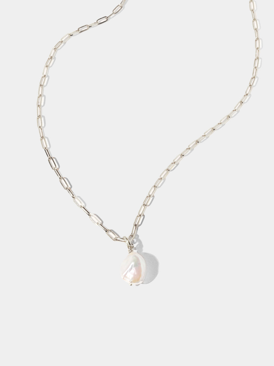 Sterling Silver Paperclip Link Chain Necklace with Baroque Pearl Pendant