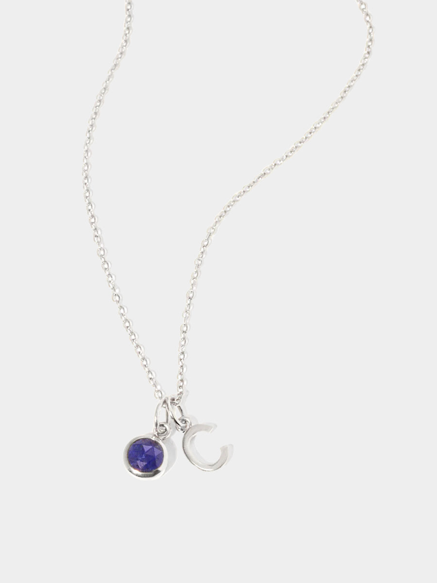 September Sterling Silver Initial & Birthstone Gemstone Charm Necklace Lapis Lazuli