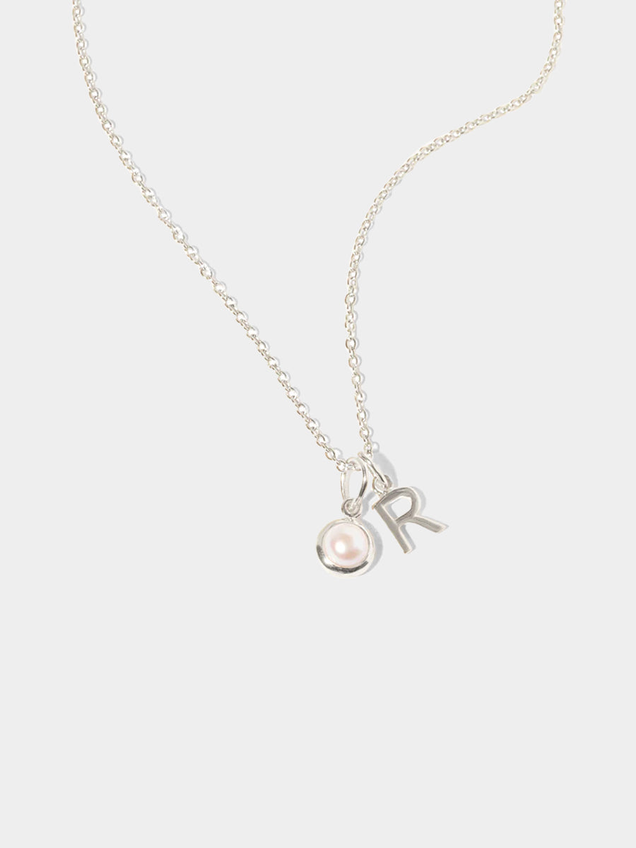 June Sterling Silver Initial & Birthstone Gemstone Charm Necklace Pearl