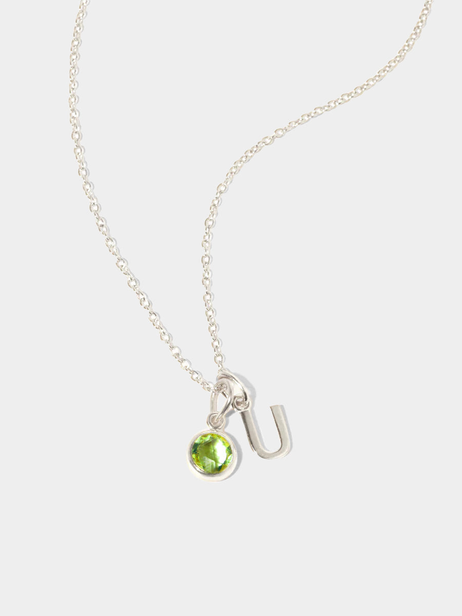 August Sterling Silver Initial & Birthstone Gemstone Charm Necklace Peridot