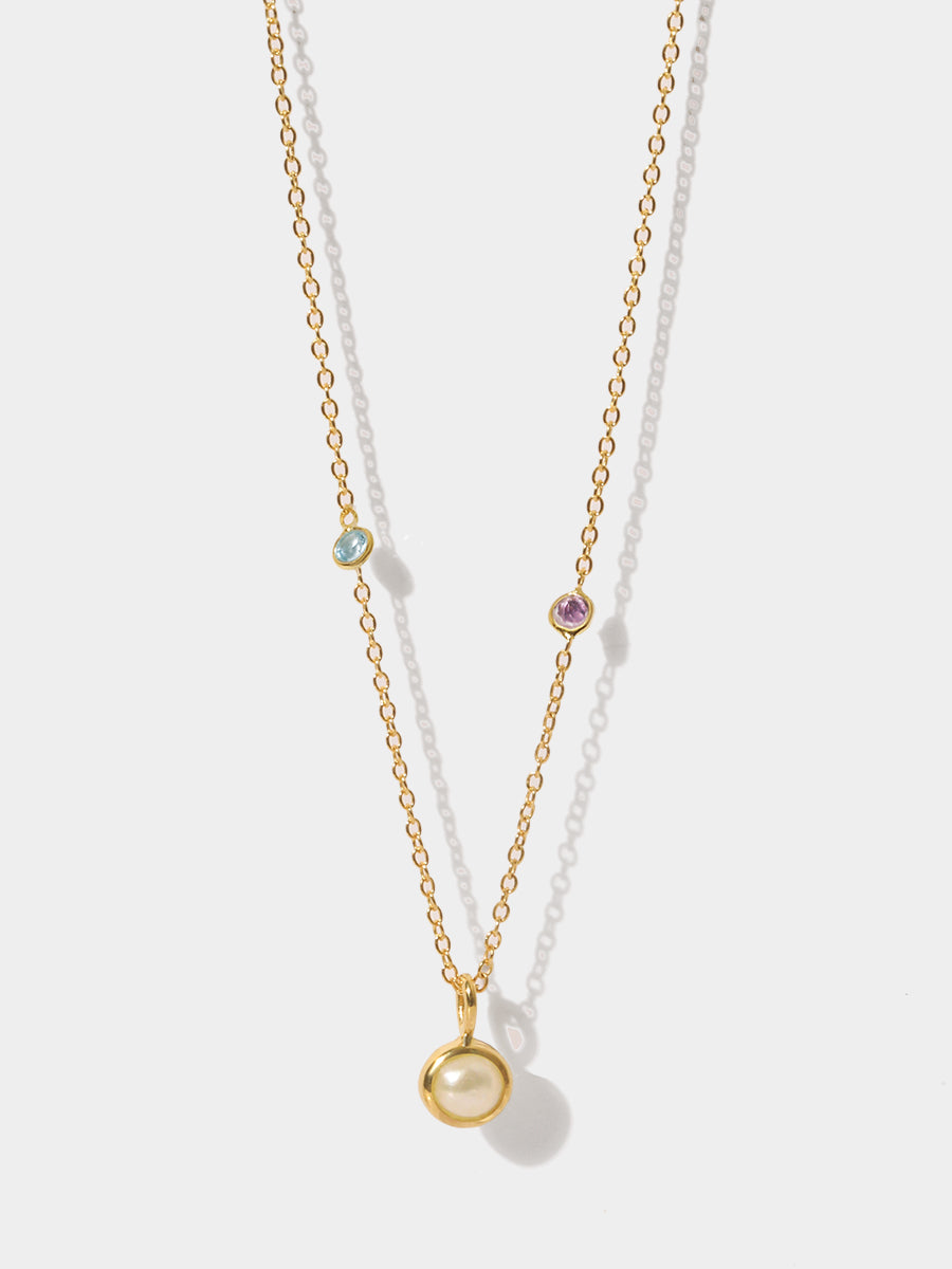 18k Gold Vermeil Galaxy Pearl Charm Necklace with Brazilian Amethyst & Blue Topaz Gemstone Studded Chain