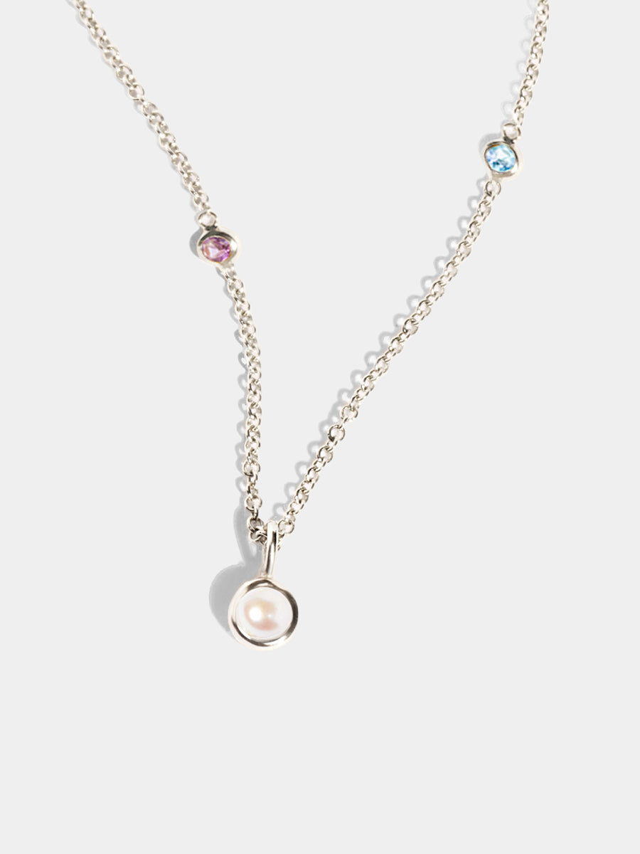 Sterling Silver Galaxy Pearl Charm Necklace with Brazilian Amethyst & Blue Topaz Gemstone Studded Chain