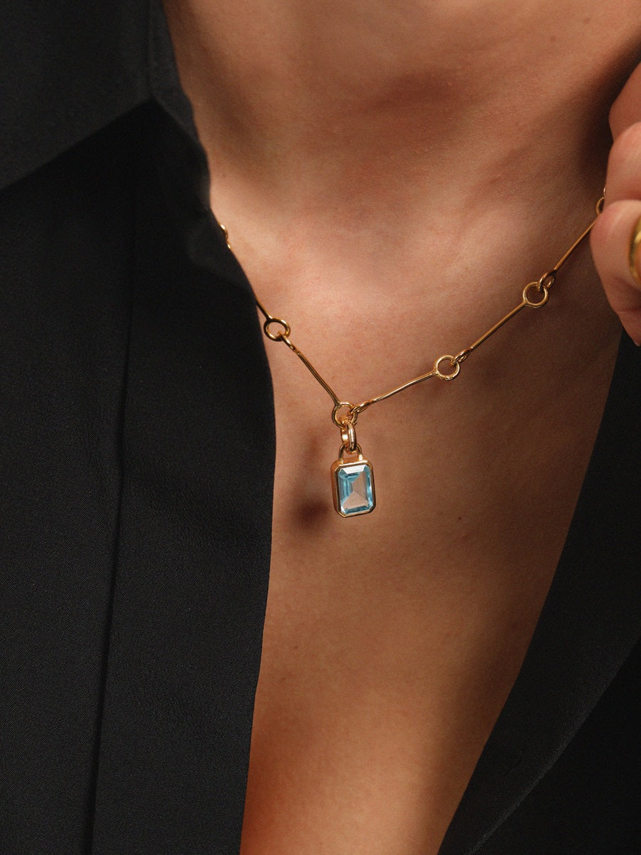 Gold and Blue Topaz Gemstone Baguette Pendant Charm