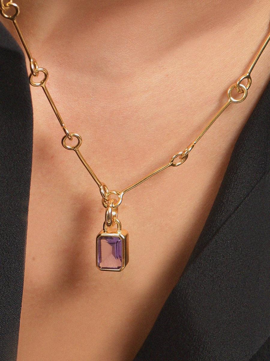 Gold and Brazilian Amethyst Gemstone Baguette Pendant Charm