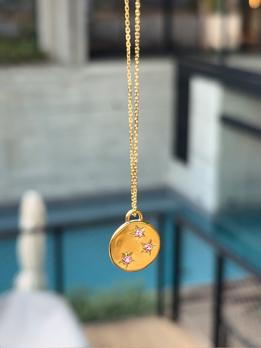 Gold Pink Tourmaline October Birthstone Star Set Charm Necklace