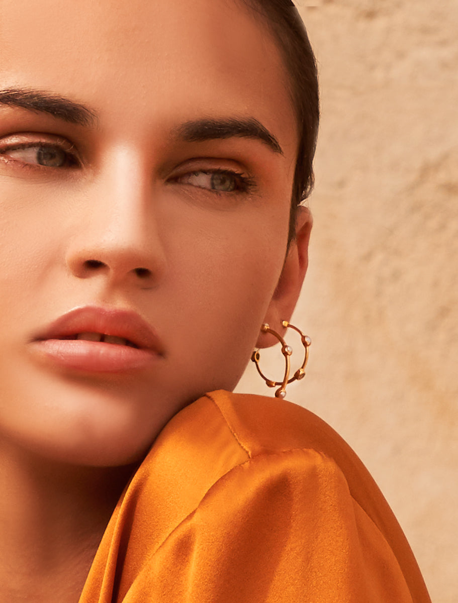 18k Gold Vermeil Pearl Studded Hoop Earrings - Medium