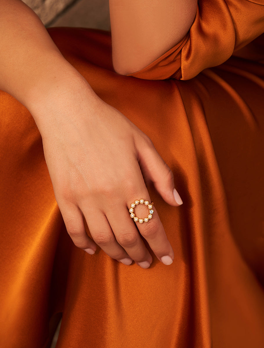 18k Gold Vermeil Halo Pearl & Blue Topaz Gemstone Ring