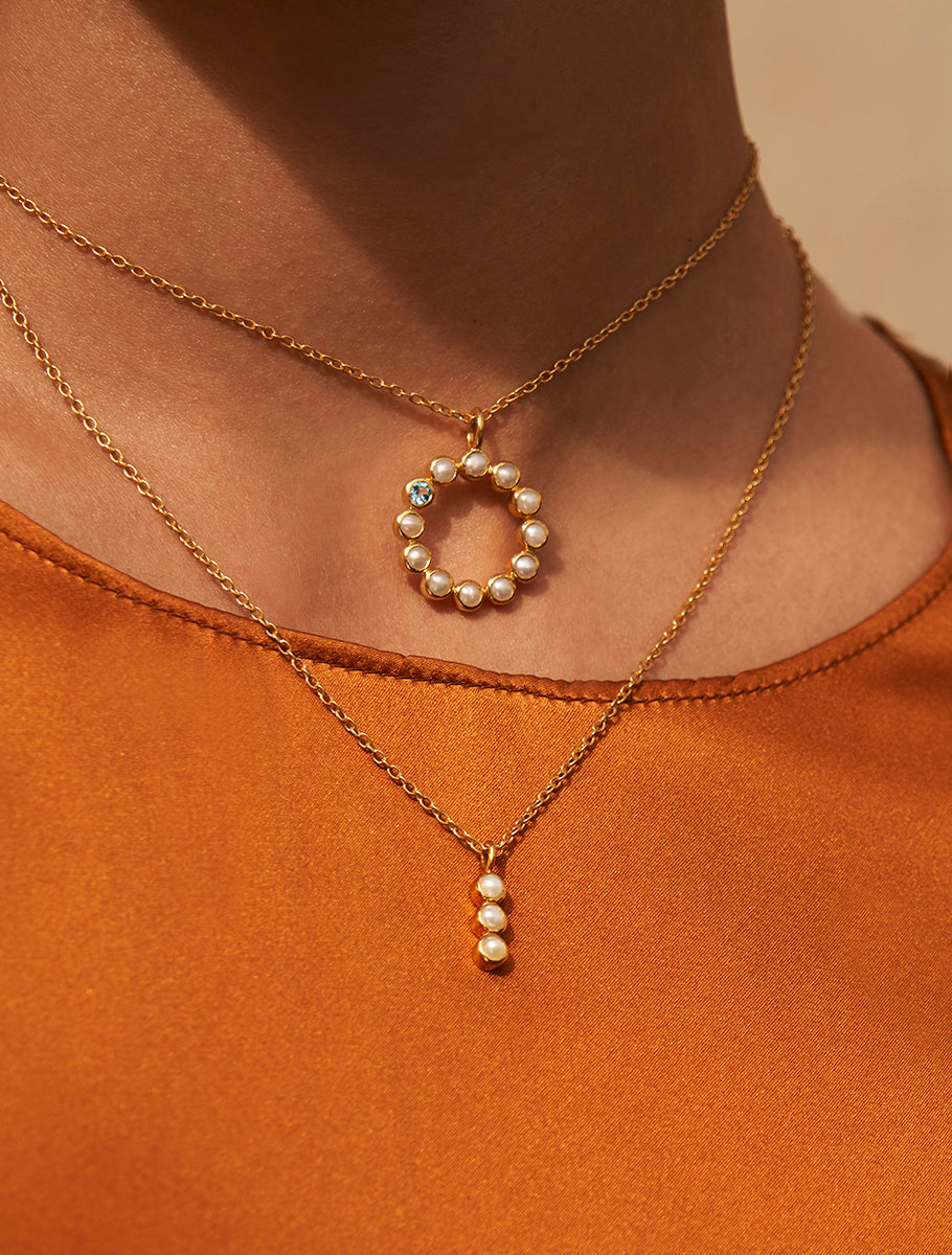 18k Gold Vermeil Halo Pearl & Blue Topaz Gemstone Necklace