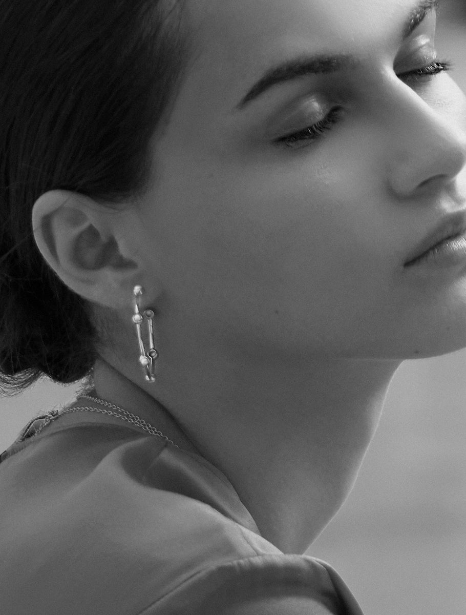 Sterling Silver Pearl Studded Hoop Earrings - Large