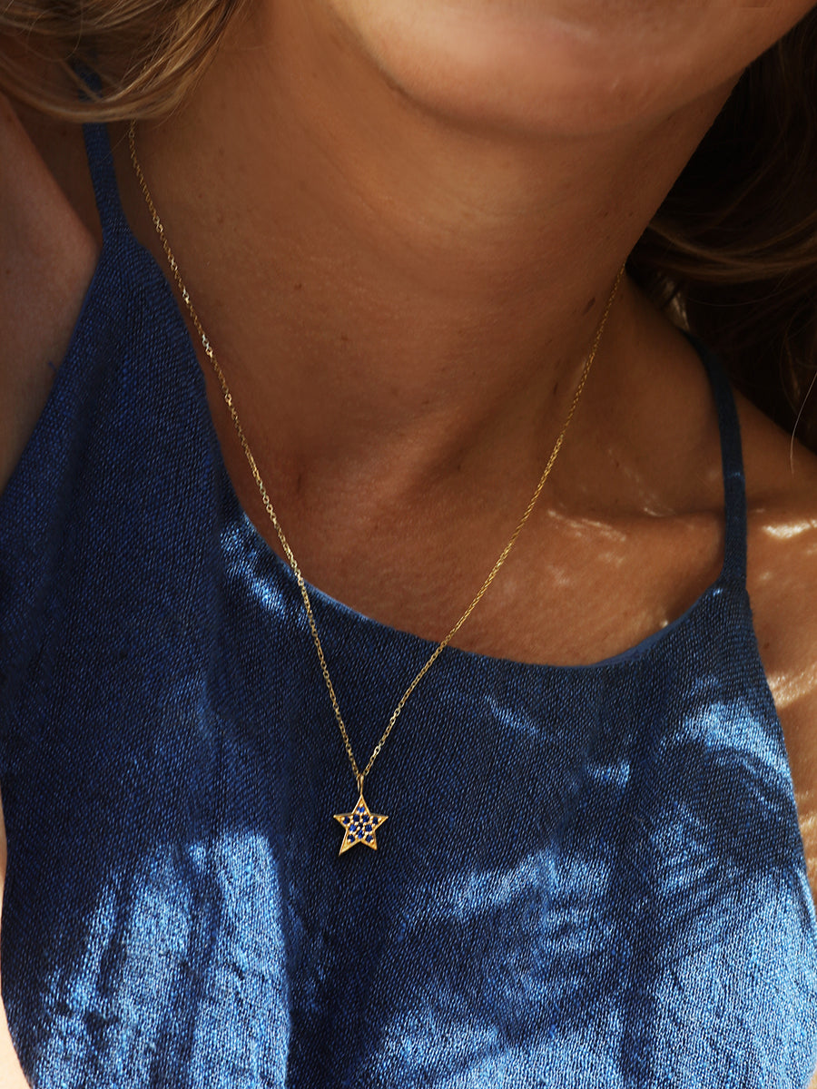 Gold Blue Quartz Star Charm Necklace