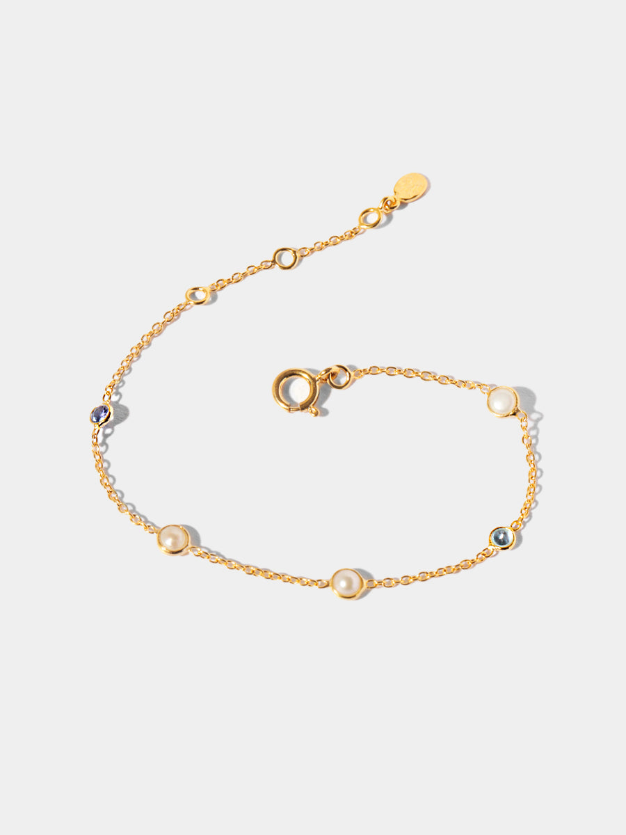 18k Gold Vermeil Sequence Pearl, Iolite & Blue Topaz Gemstone Studded Bracelet