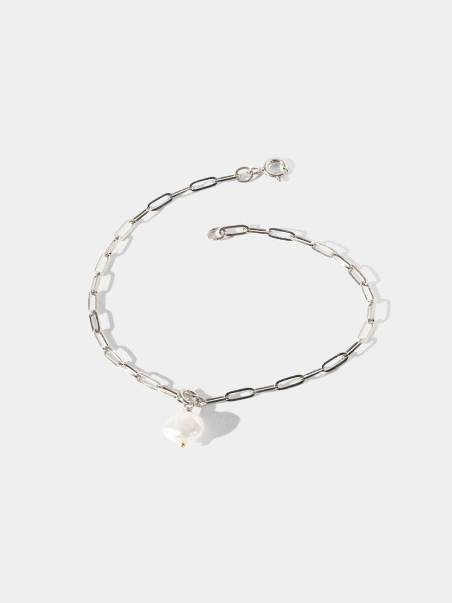 Sterling Silver Paperclip Link Chain Bracelet with Baroque Pearl Pendant