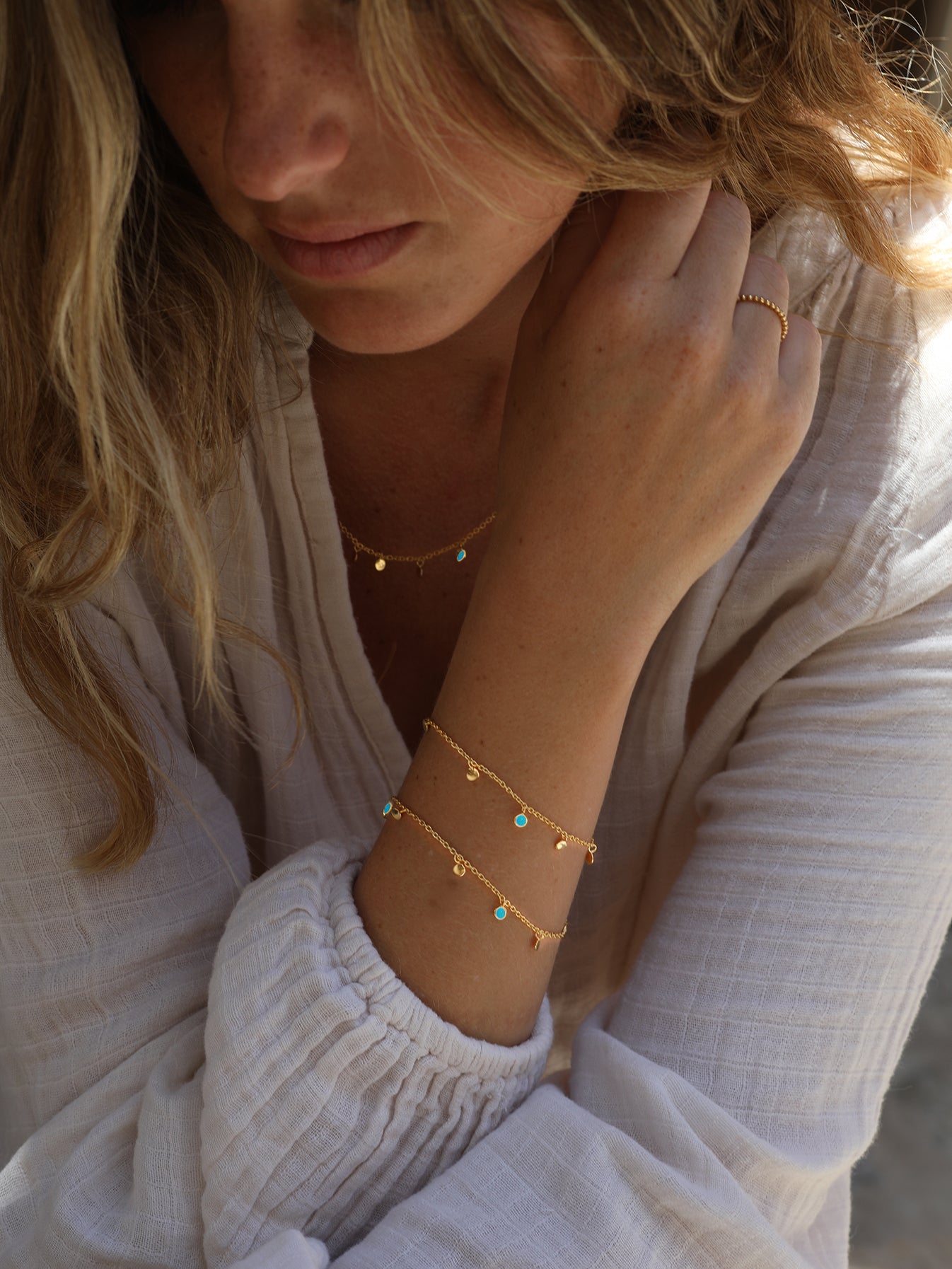 18k Gold Vermeil Turquoise and Sequin Multi Disc Bracelet