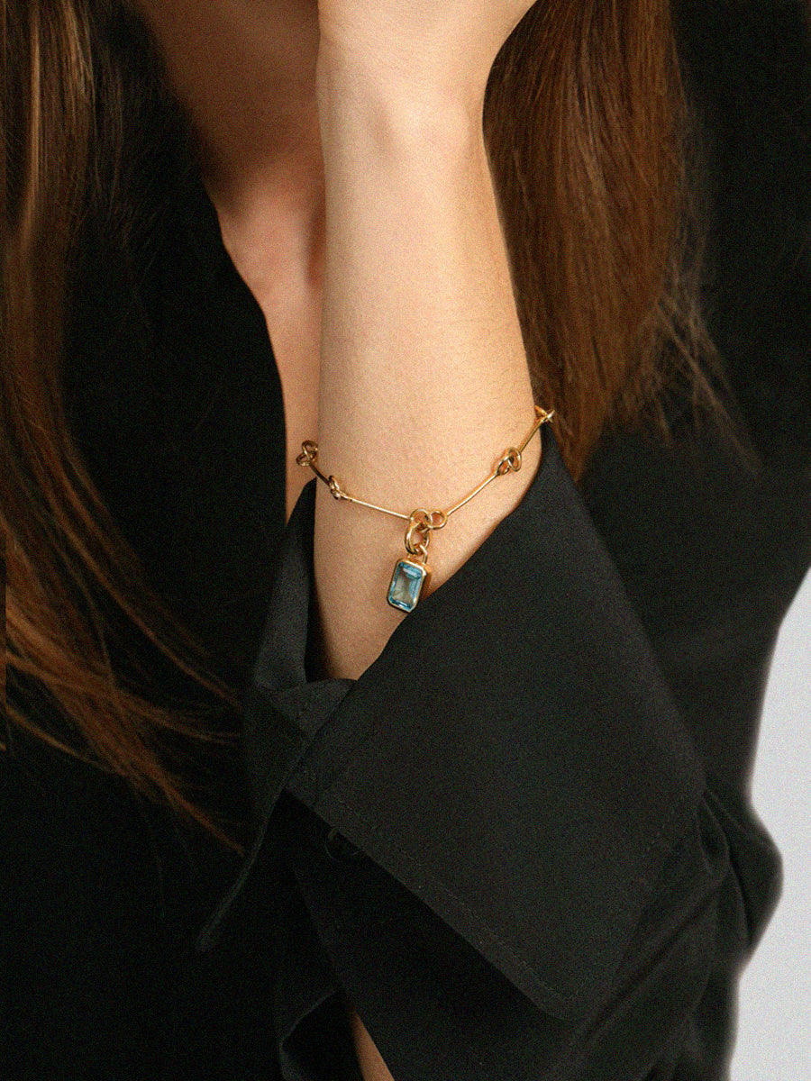 Gold and Blue Topaz Gemstone Baguette Pendant Charm