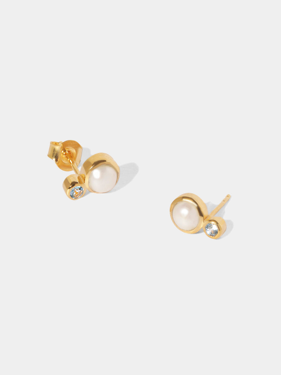 18k Gold Vermeil Sequence Pearl & Blue Topaz Gemstone Stud Earrings