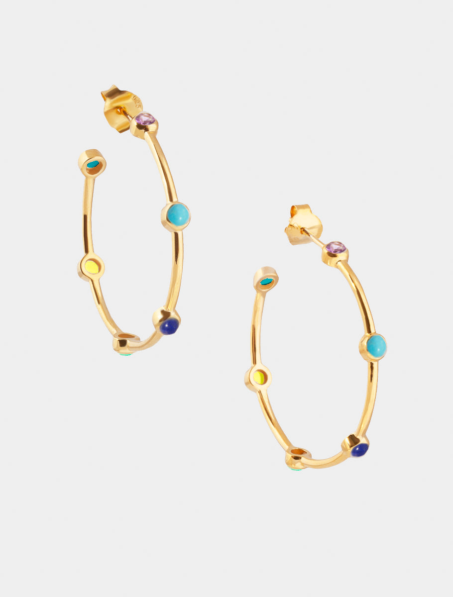 18k Gold Vermeil Multicolour Gemstone Studded Hoop Earrings - Large