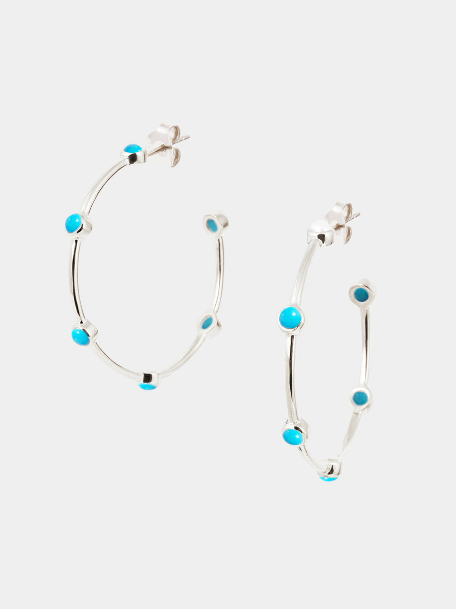 Sterling Silver Turquoise Gemstone Studded Hoop Earrings - Large