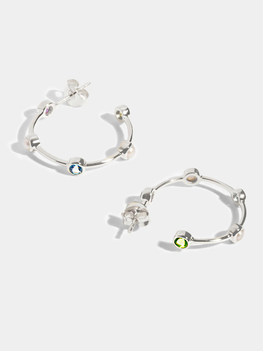 Sterling Silver Pearl, Blue Topaz, Peridot & Brazilian Amethyst Gemstone Studded Hoop Earrings - Medium