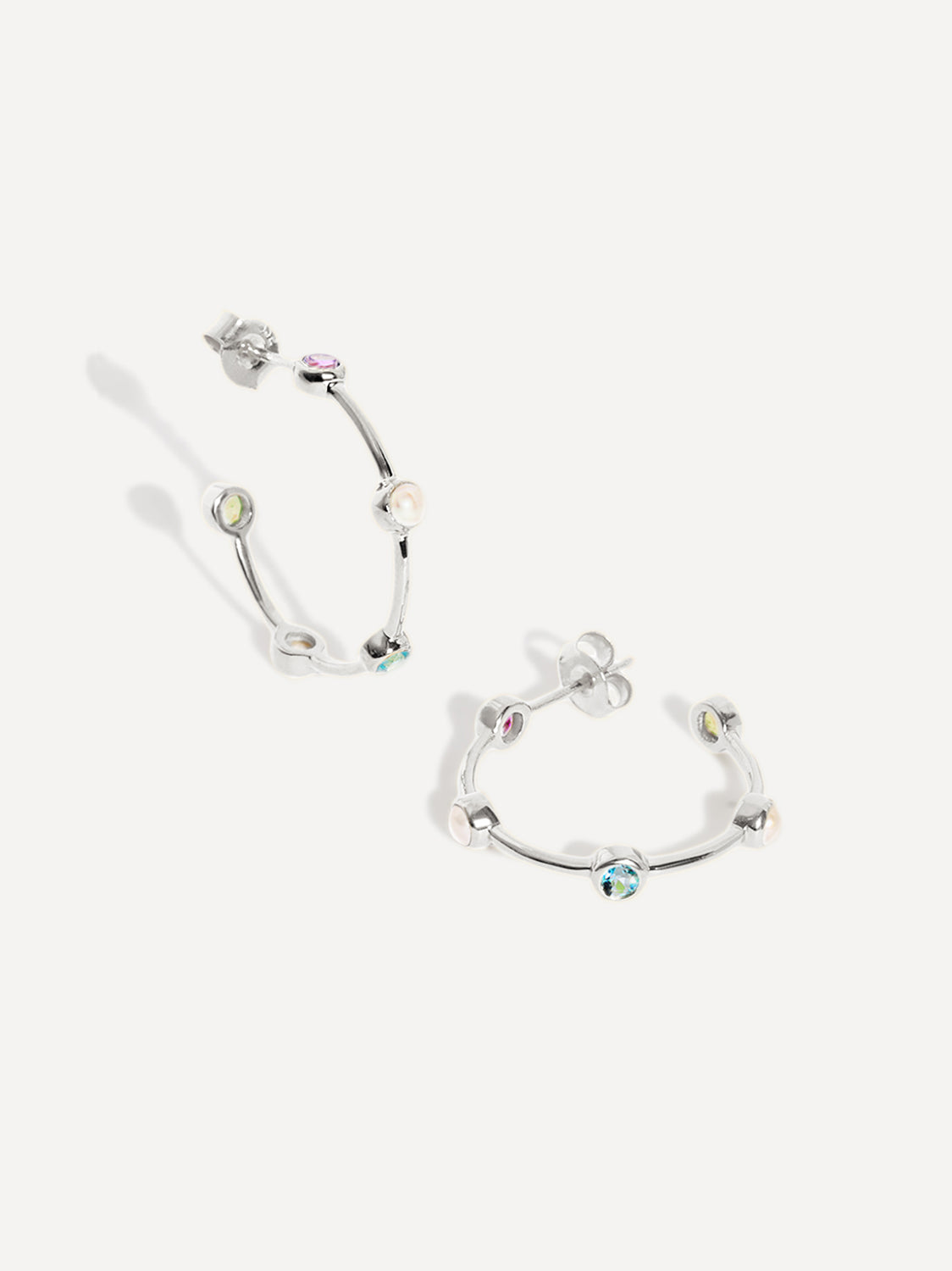 Silver Pearl & Gemstone Hoop Earrings