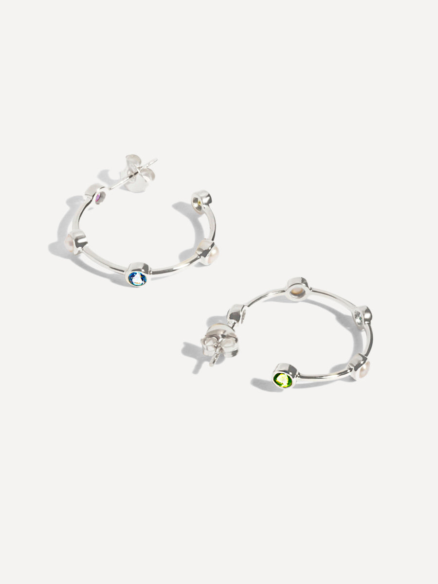 Aros de plata de ley con incrustaciones de perla, topacio azul, peridoto y amatista brasileña (tamaño mediano)