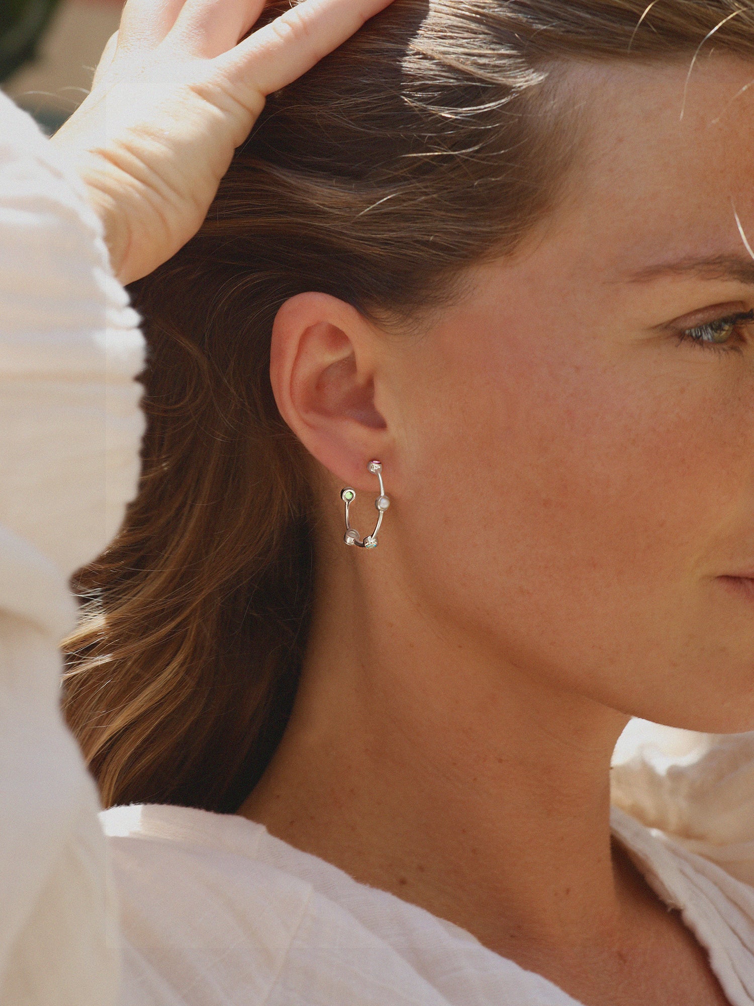 Silver Pearl & Gemstone Hoop Earrings
