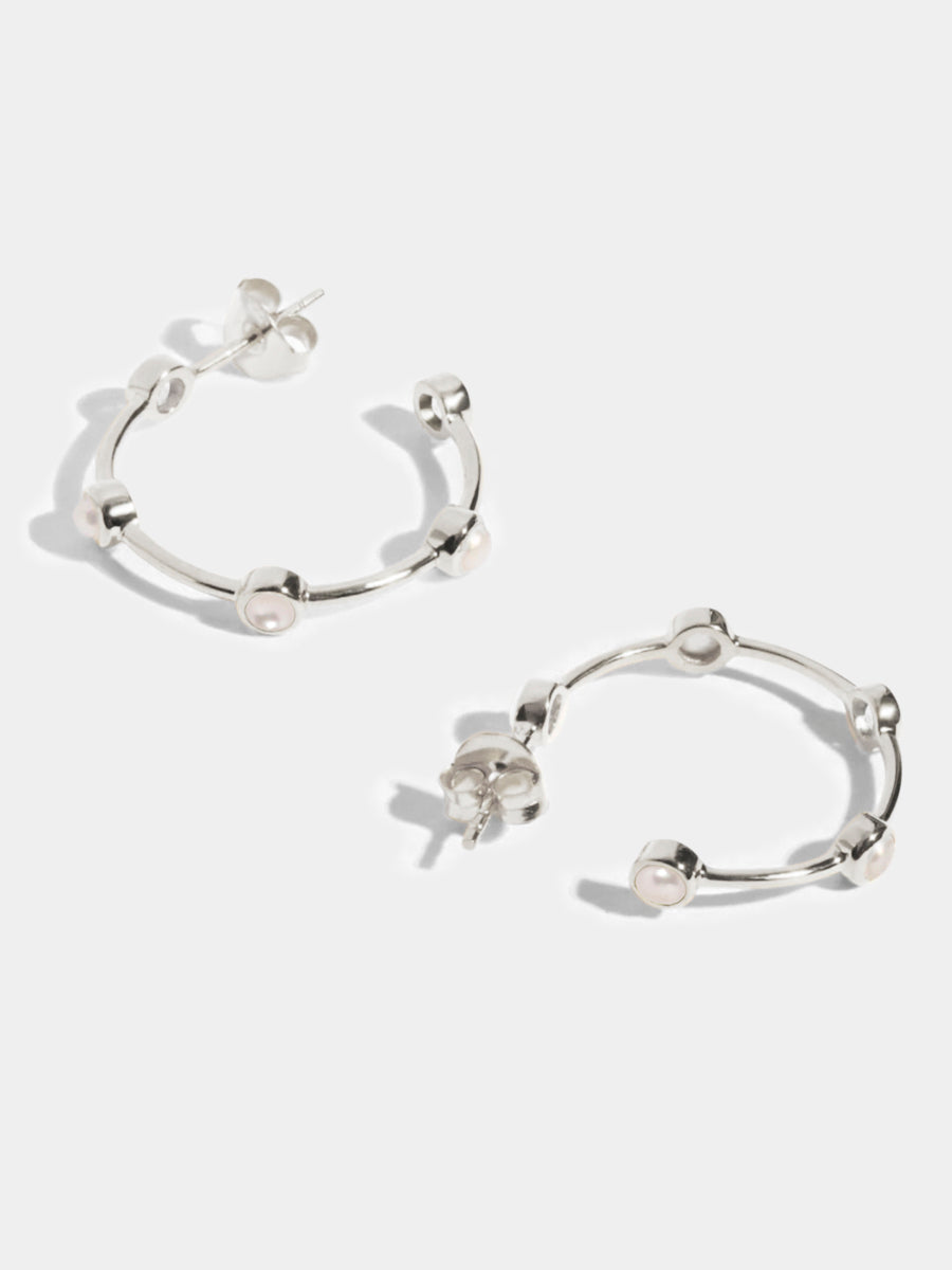 Sterling Silver Pearl Studded Hoop Earrings - Medium