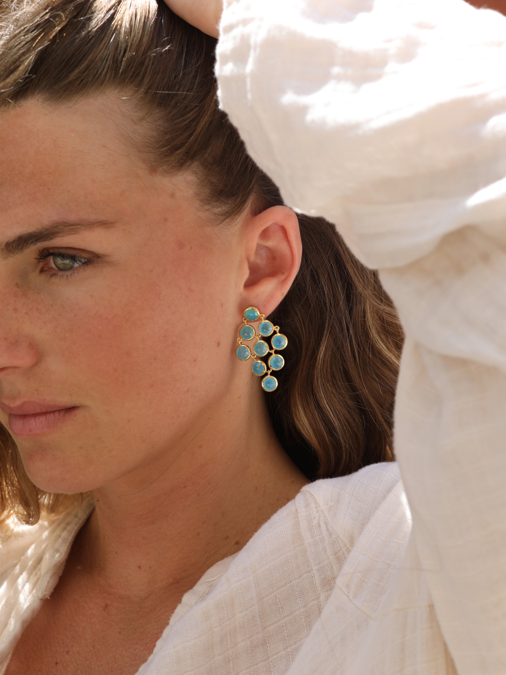 18k Gold Vermeil Blue Chalcedony Gemstone Cascading Earrings