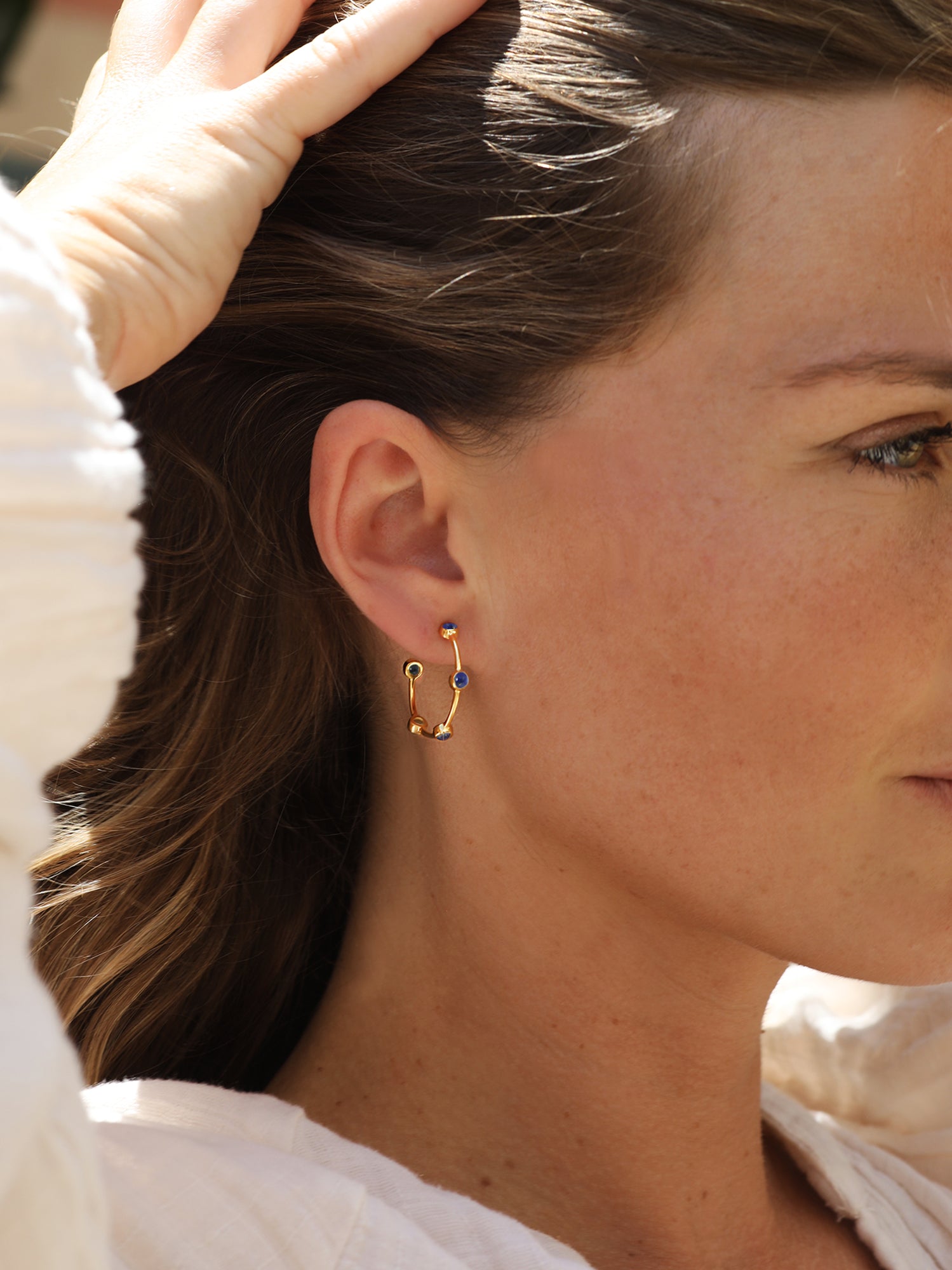 Gold Lapis Lazuli Gemstone Studded Hoop Earrings