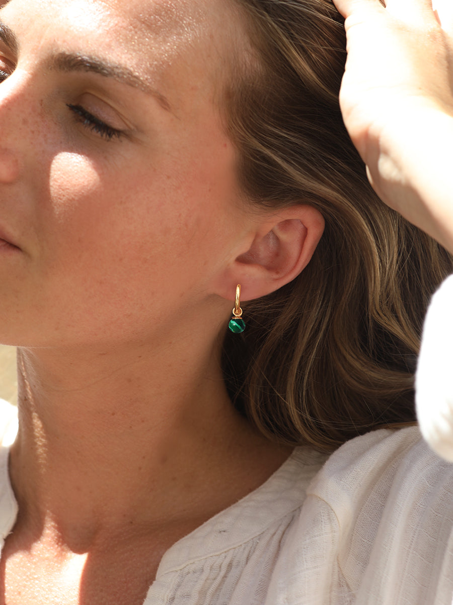 Gold Malachite Orb Huggie Earrings