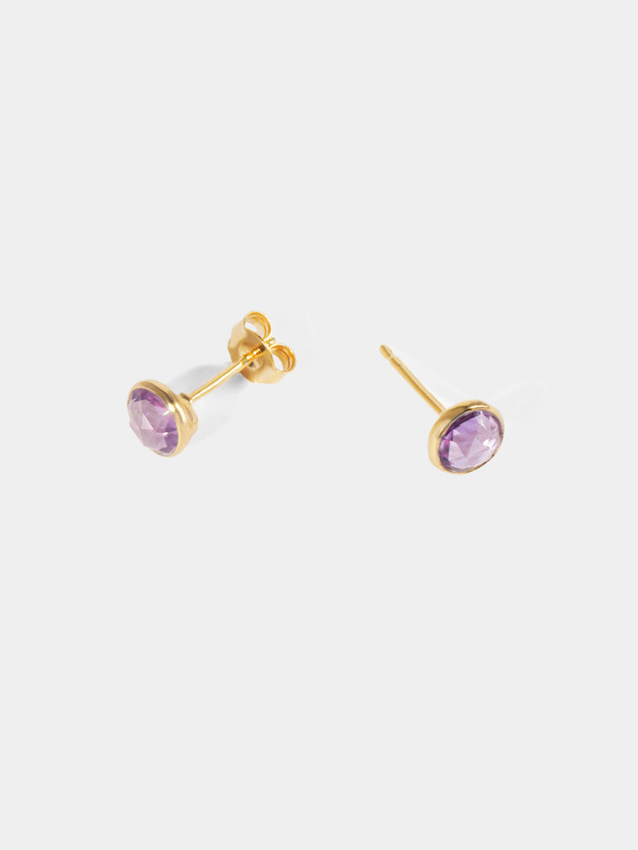February 18k Gold Vermeil Birthstone Gemstone Bezel Set Stud Earrings Brazilian Amethyst