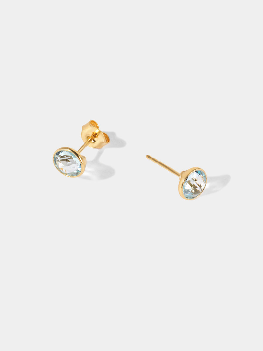 March 18k Gold Vermeil Birthstone Gemstone Bezel Set Stud Earrings Blue Topaz