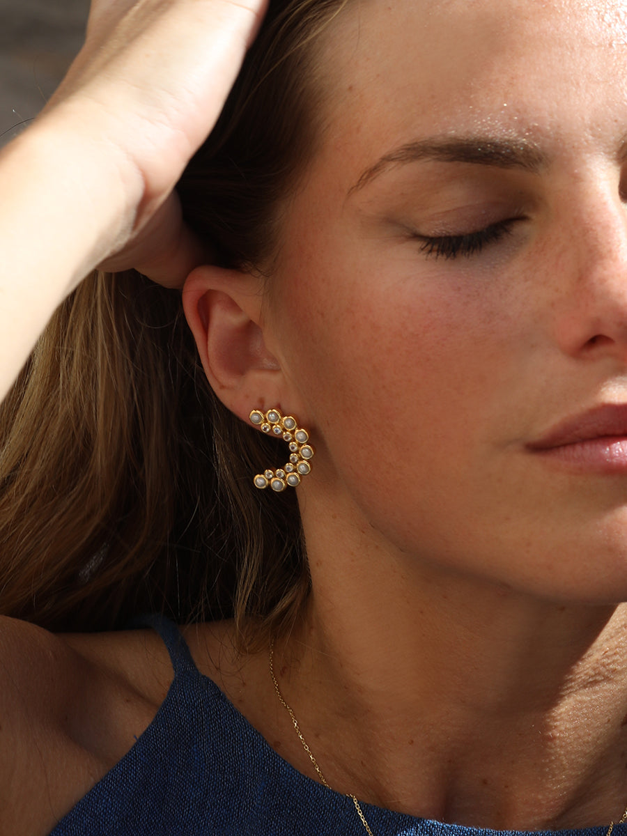 Gold Pearl & Moonstone Orbit Earrings