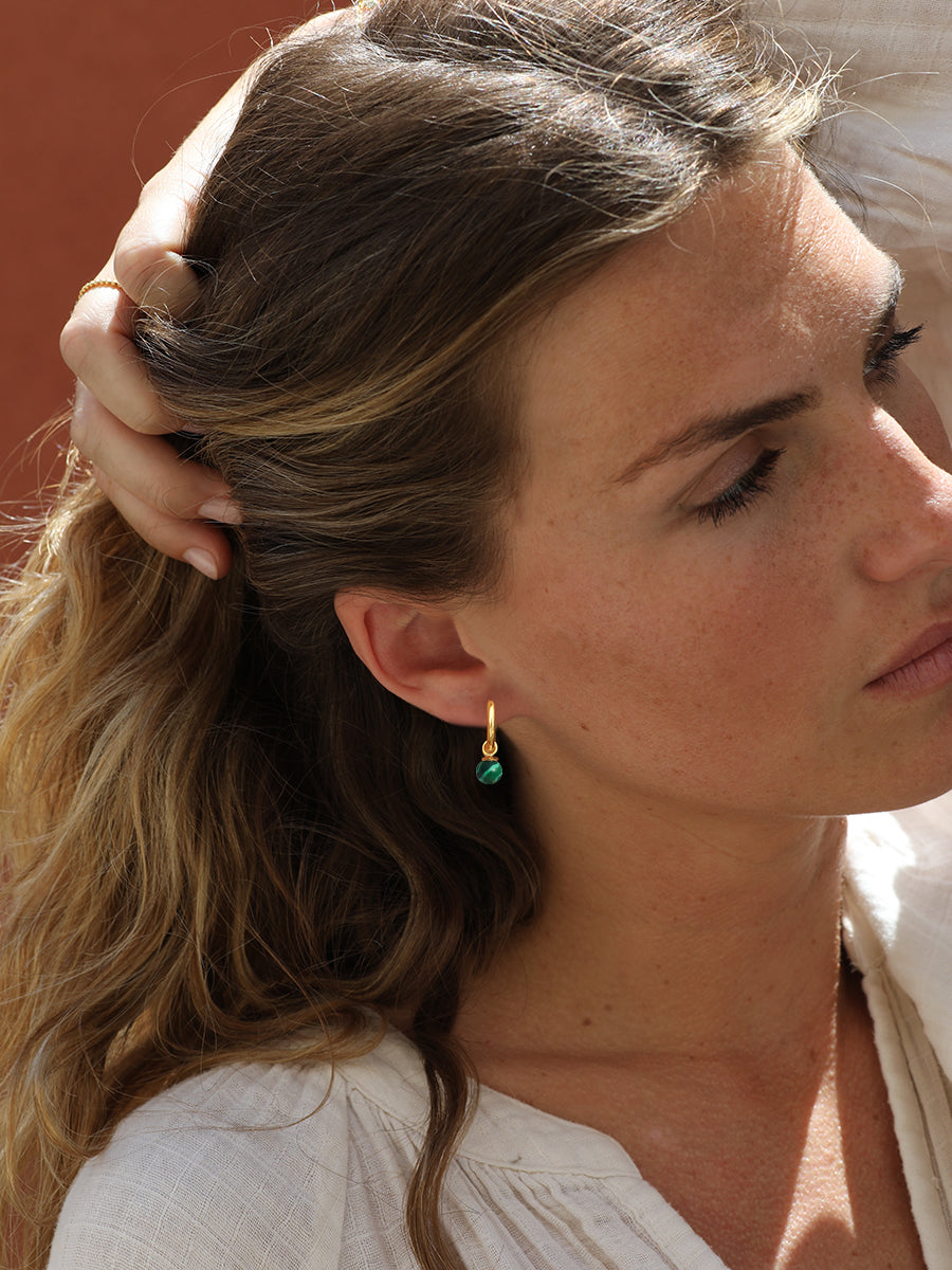 Gold Malachite Orb Huggie Earrings