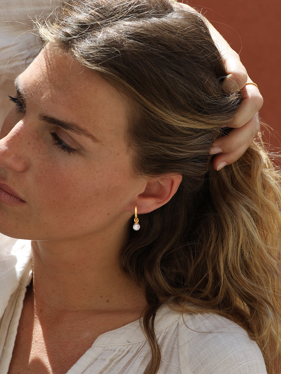 Gold Pearl Orb Huggie Earrings